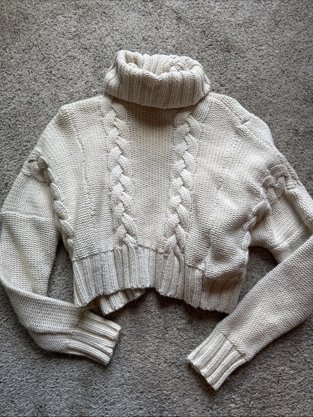 Cropped Cream Cable-Knit Turtleneck Sweater